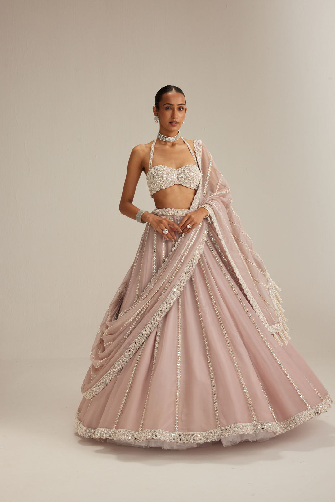 Ash Pink Linear Embroidered Organza Lehenga Set