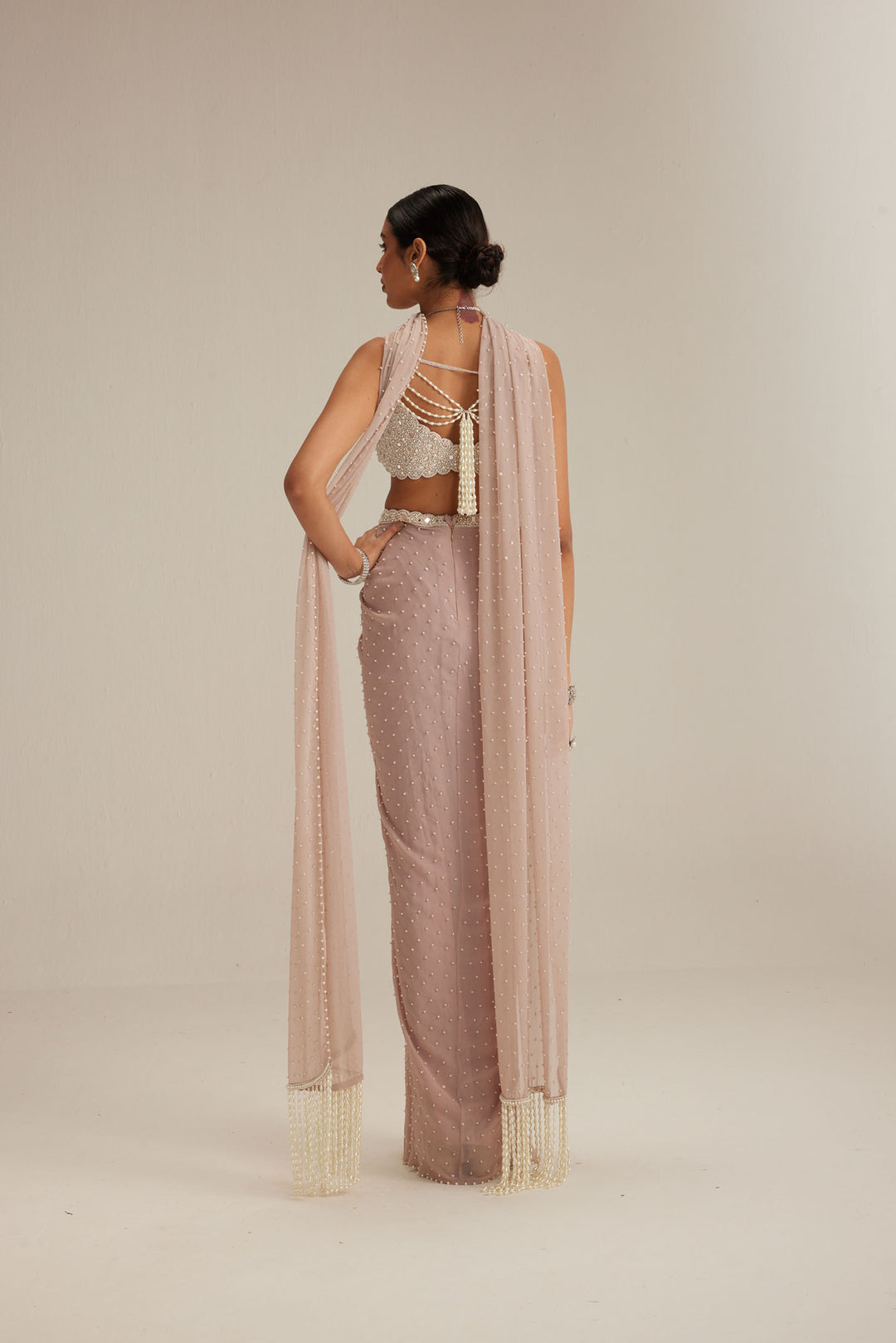 Ash Pink Pearl Scattered Draped Skirt Set