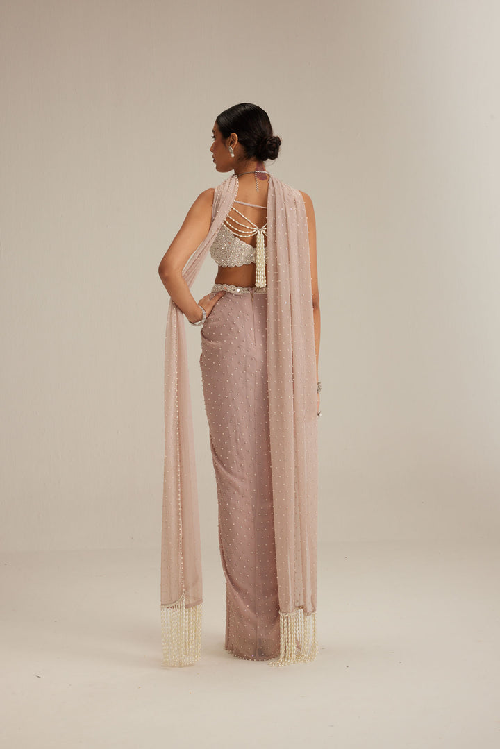 Ash Pink Pearl Scattered Draped Skirt Set