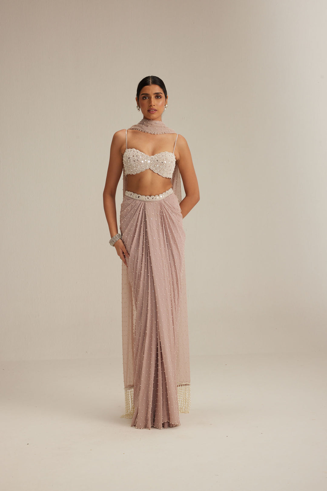 Ash Pink Pearl Scattered Draped Skirt Set
