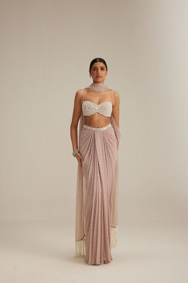 Ash Pink Pearl Scattered Draped Skirt Set