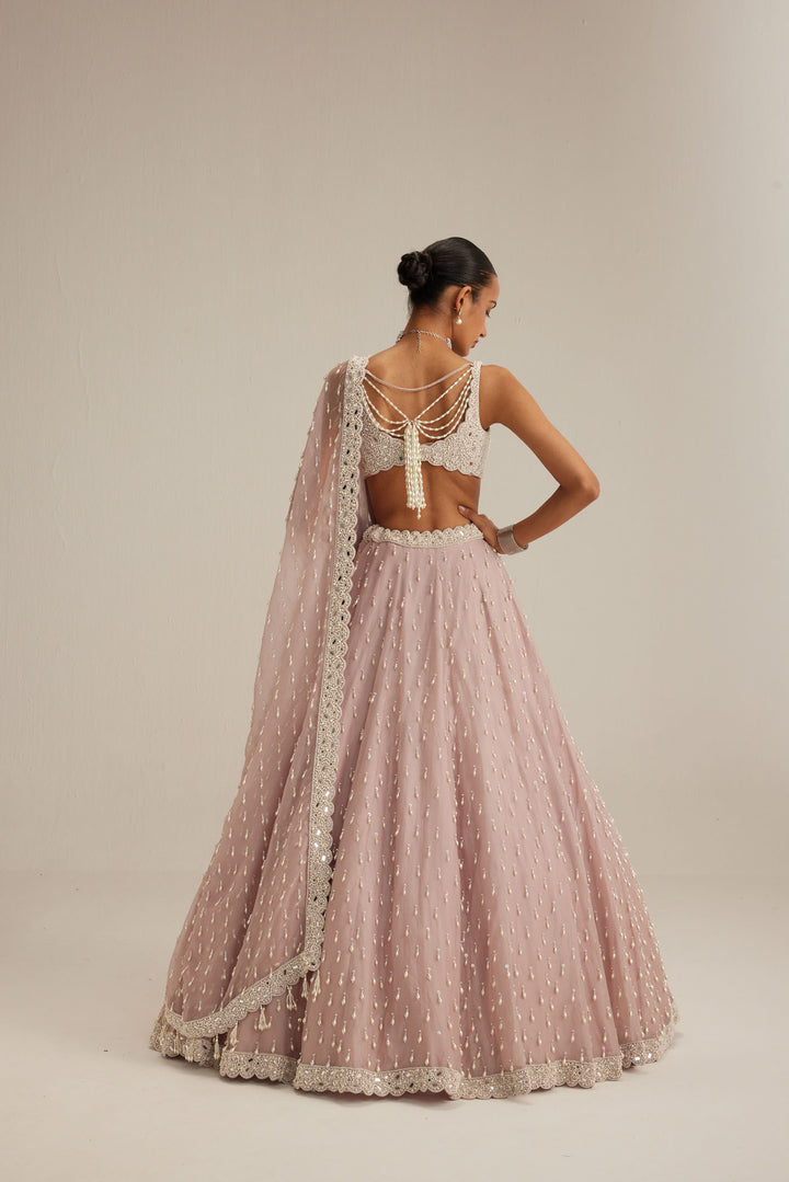 Ash Pink Pearl Drop Organza Lehenga Set