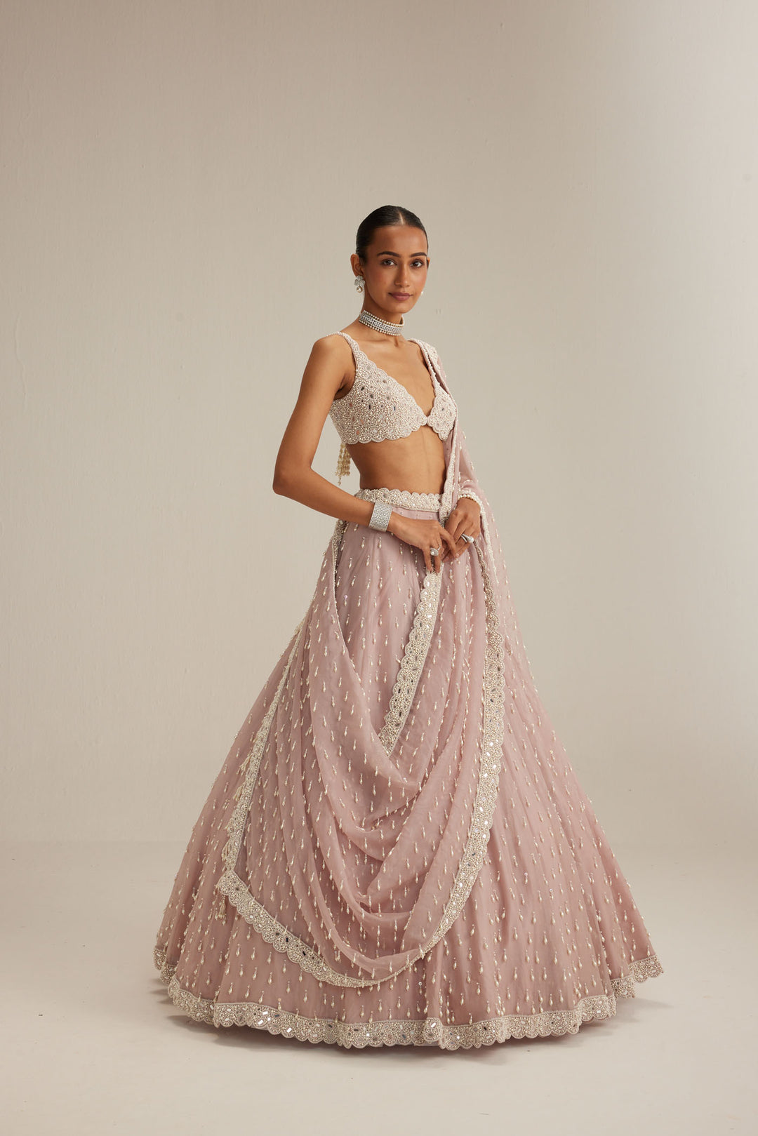 Ash Pink Pearl Drop Organza Lehenga Set