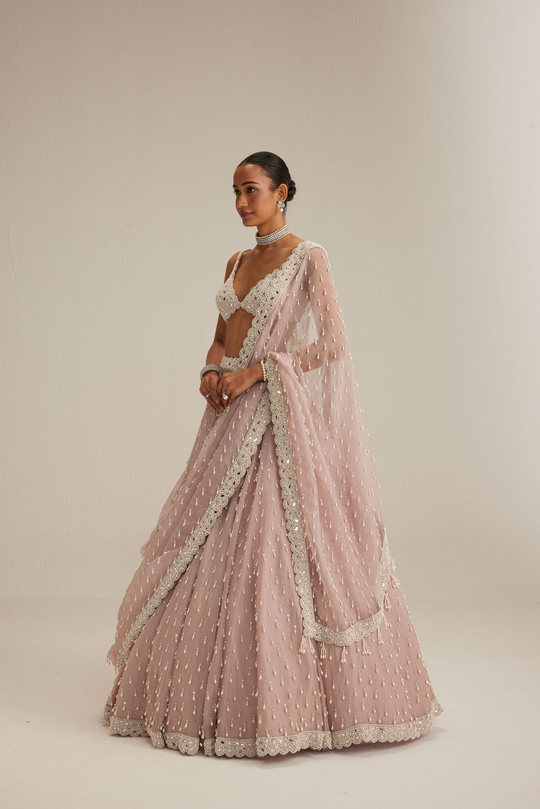 Ash Pink Pearl Drop Organza Lehenga Set