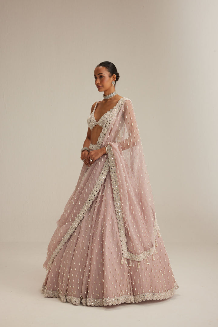 Ash Pink Pearl Drop Organza Lehenga Set