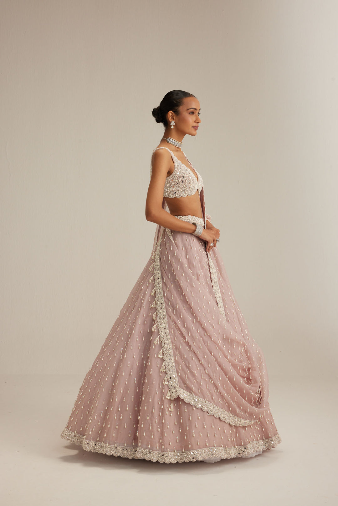 Ash Pink Pearl Drop Organza Lehenga Set