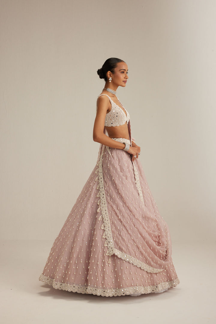 Ash Pink Pearl Drop Organza Lehenga Set