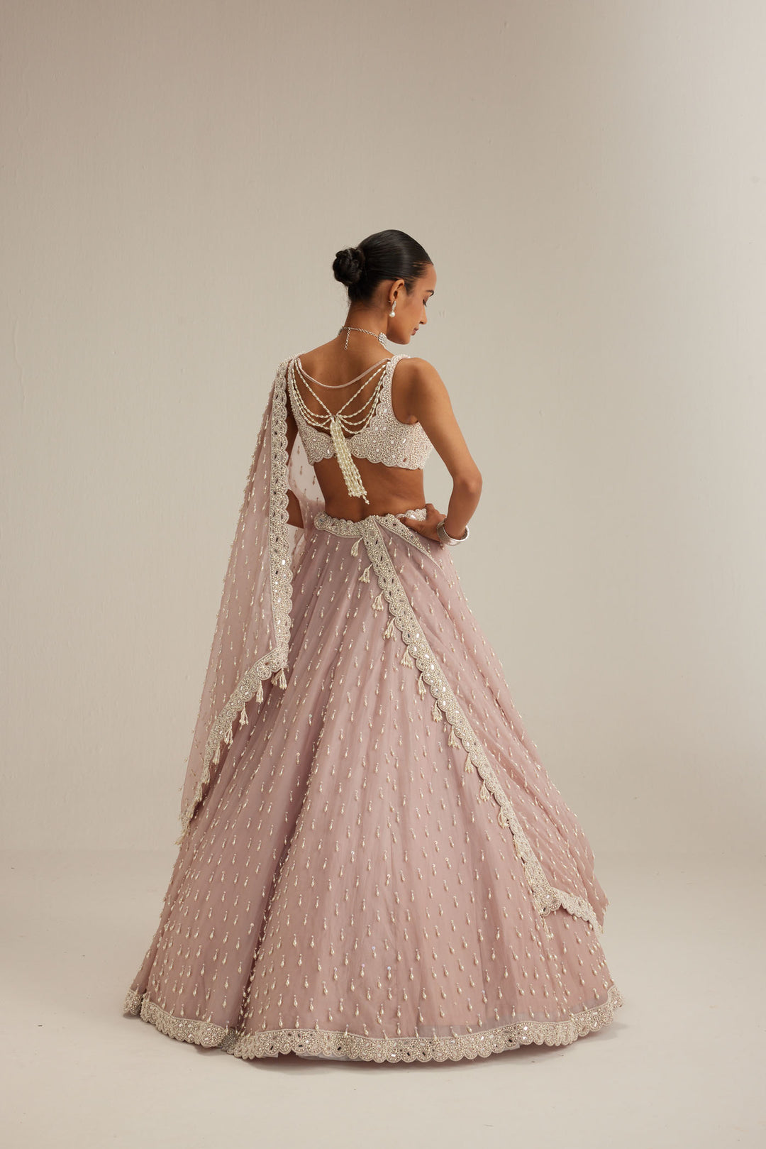 Ash Pink Pearl Drop Organza Lehenga Set