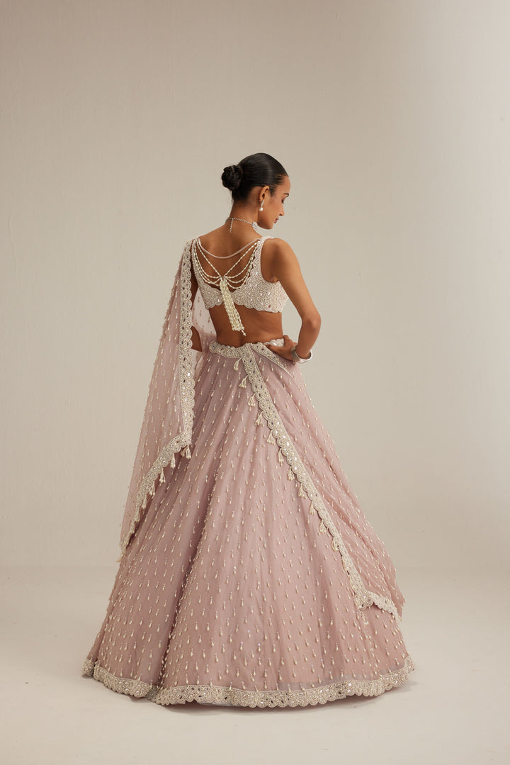 Ash Pink Pearl Drop Organza Lehenga Set