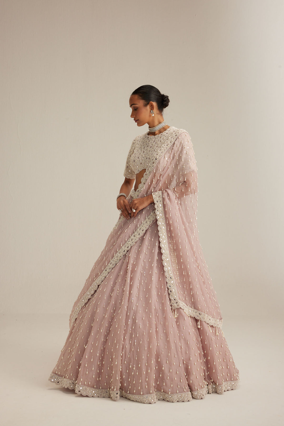 Ash Pink Pearl Drop Lehenga With High Neck Blouse