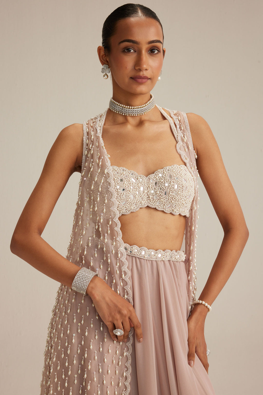 Ash Pink Pearl Drop Jacket Skirt Set