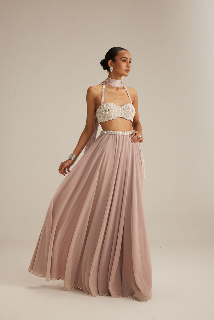 Ash Pink Georgette Skirt With Halter Neck Blouse And Stole