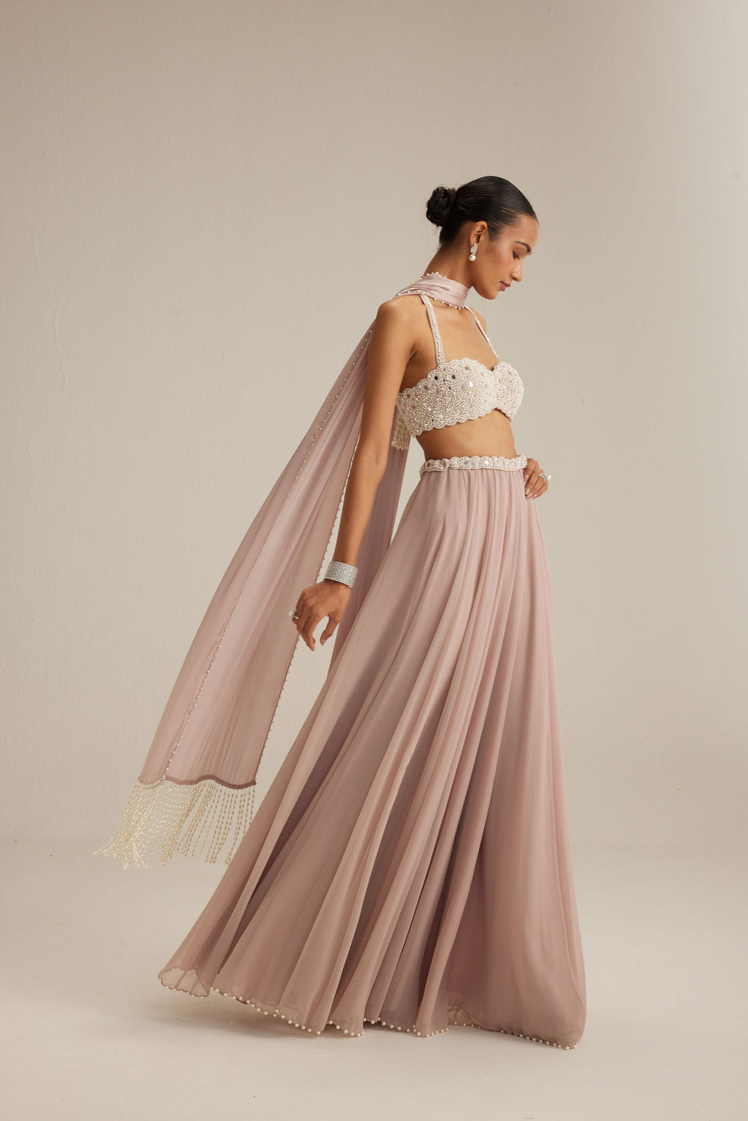 Ash Pink Georgette Skirt With Halter Neck Blouse And Stole