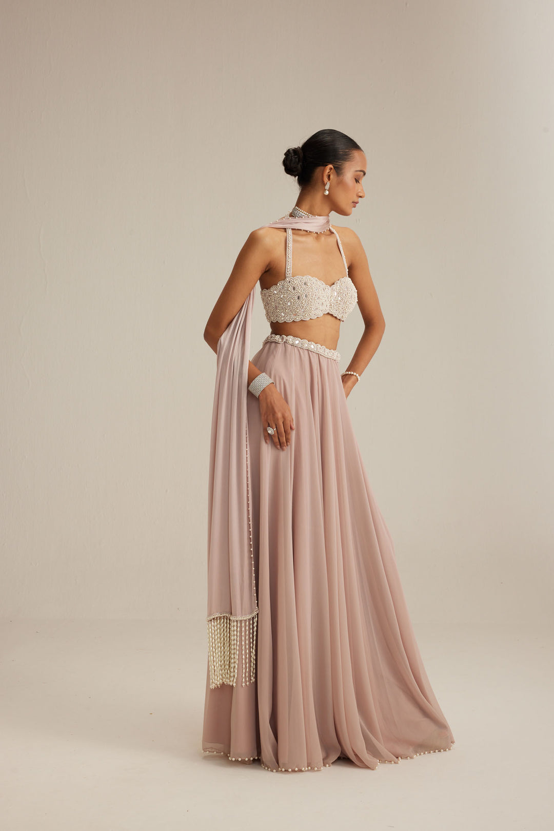 Ash Pink Georgette Skirt With Halter Neck Blouse And Stole