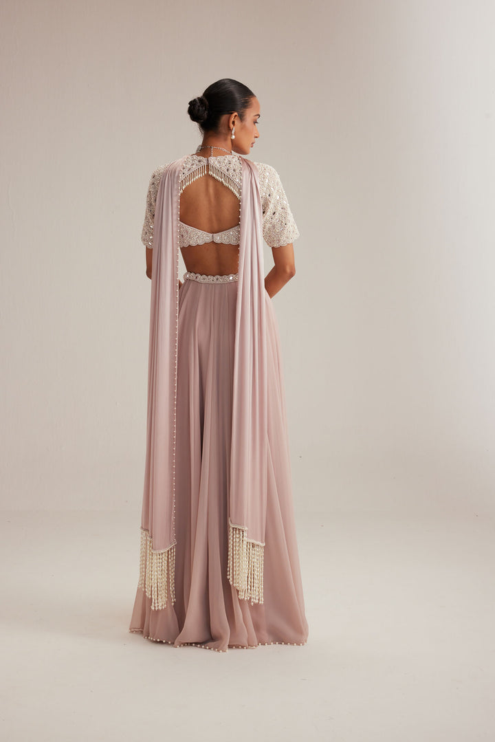 Ash Pink Georgette Skirt With High Neck Blouse And Stole