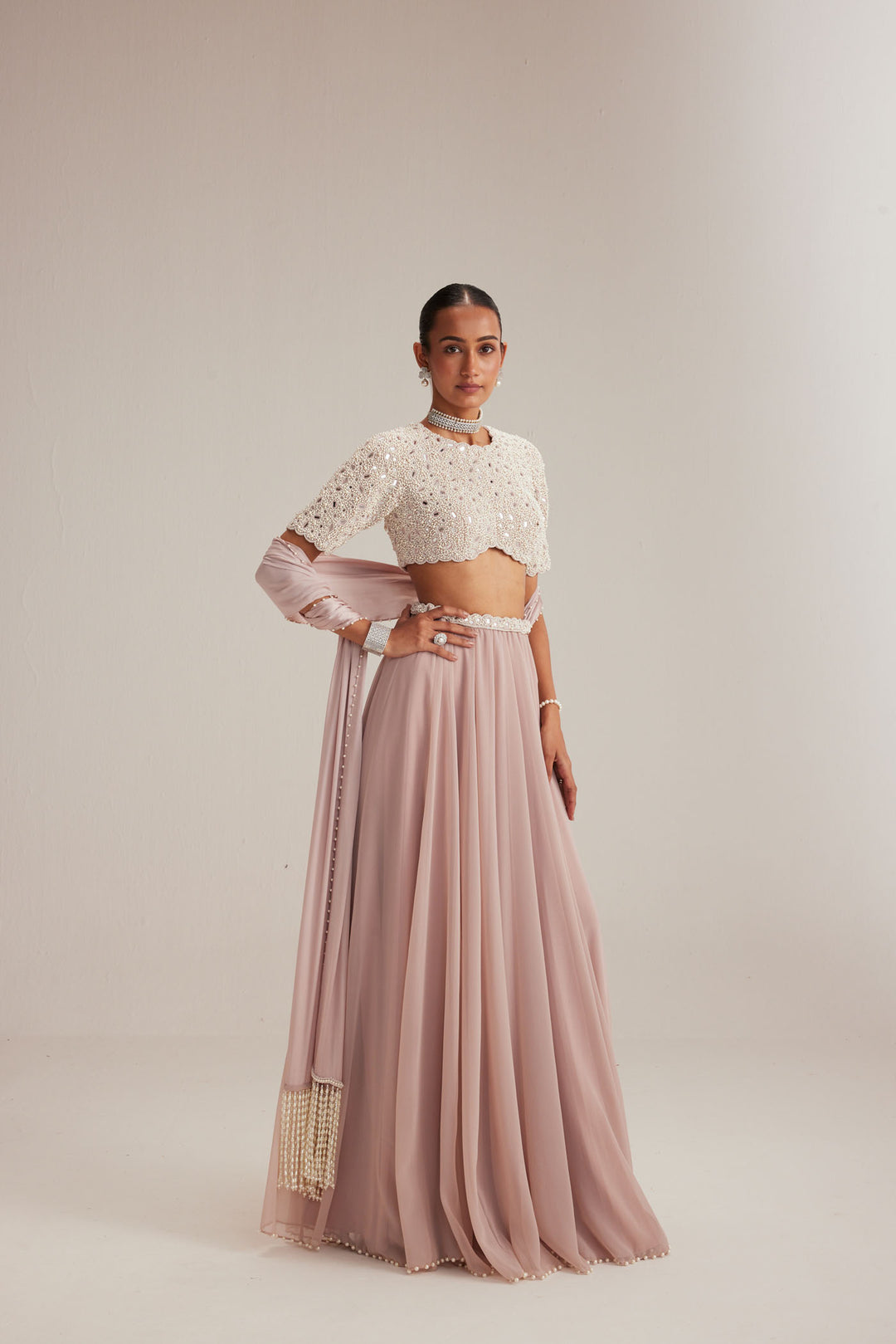 Ash Pink Georgette Skirt With High Neck Blouse And Stole
