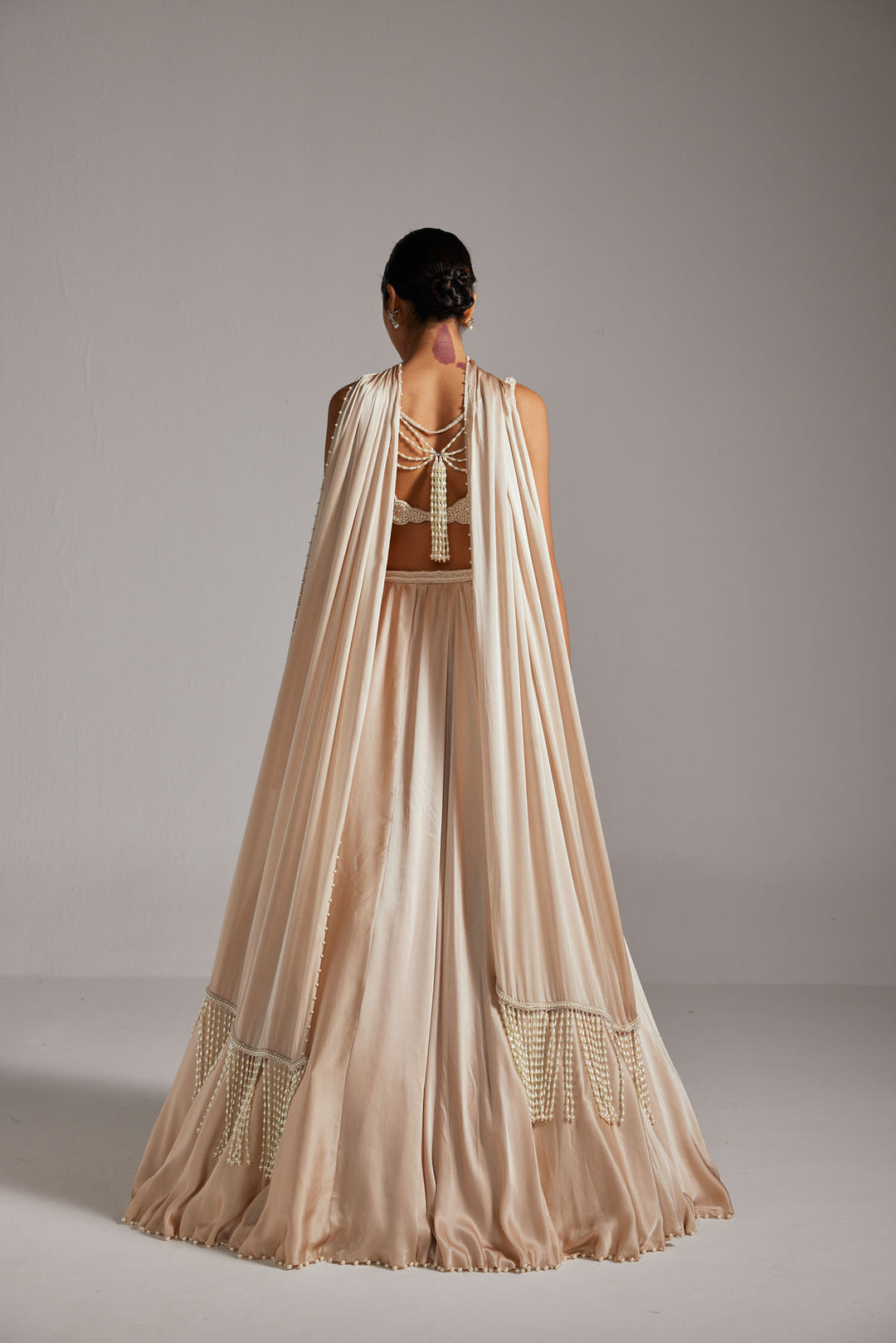 Light Beige V Neck Satin Skirt Set