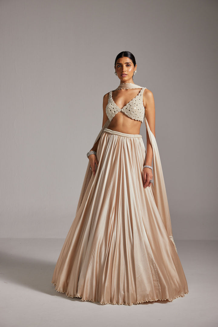 Light Beige V Neck Satin Skirt Set