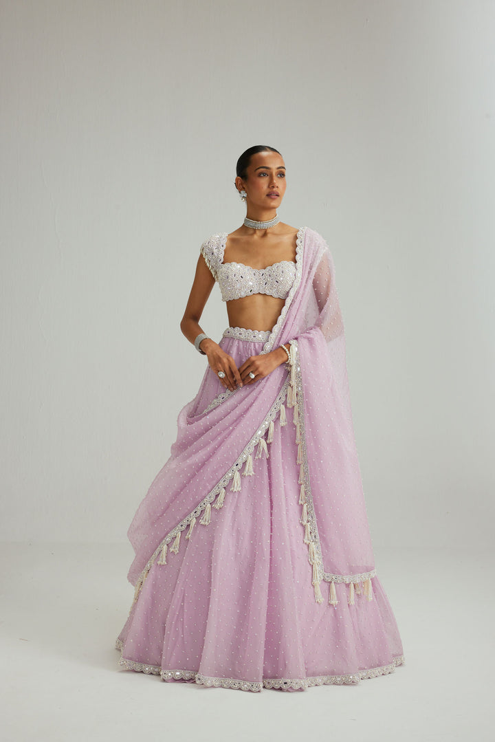 Lavender Mirror And Pearl Lehenga Set