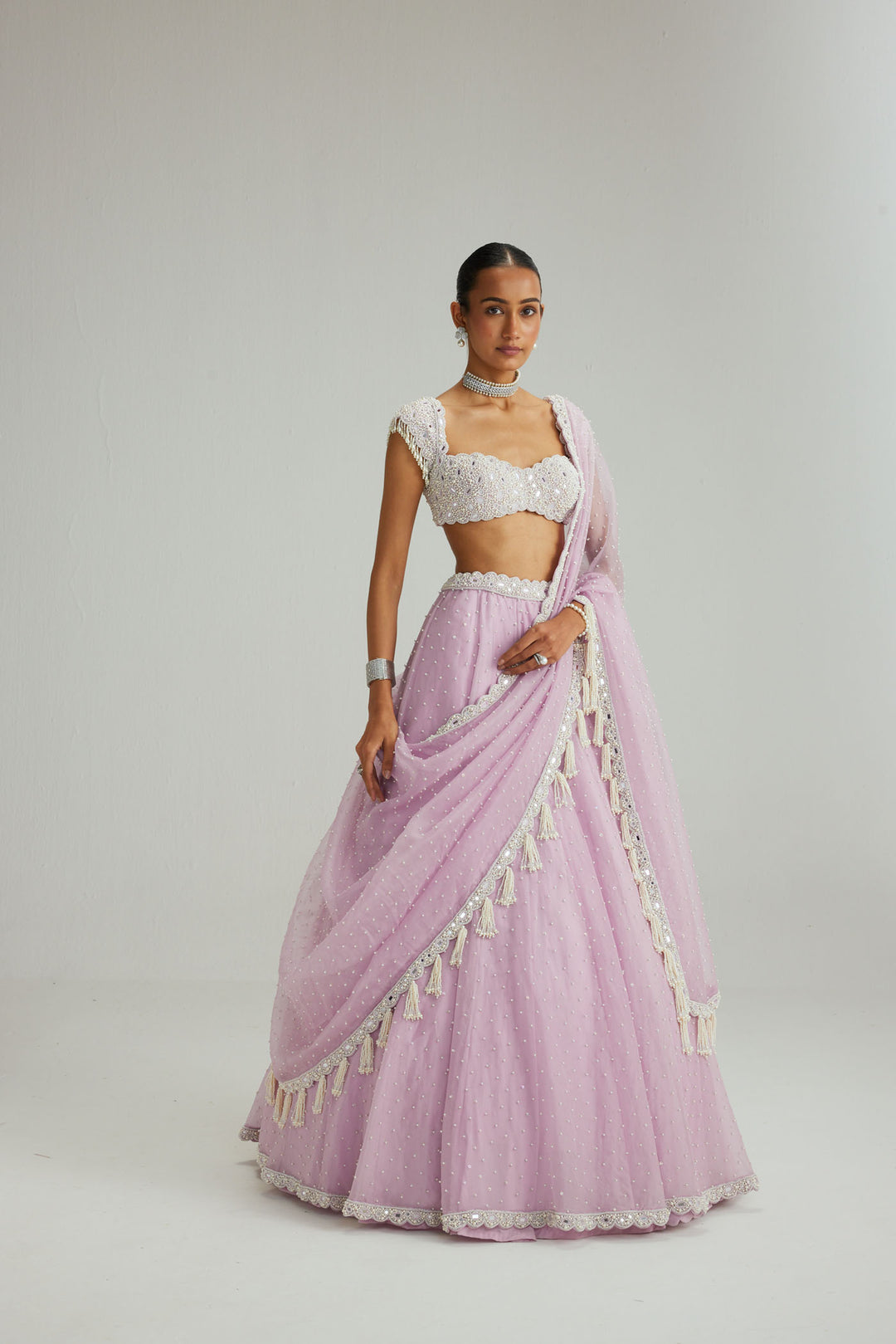 Lavender Mirror And Pearl Lehenga Set
