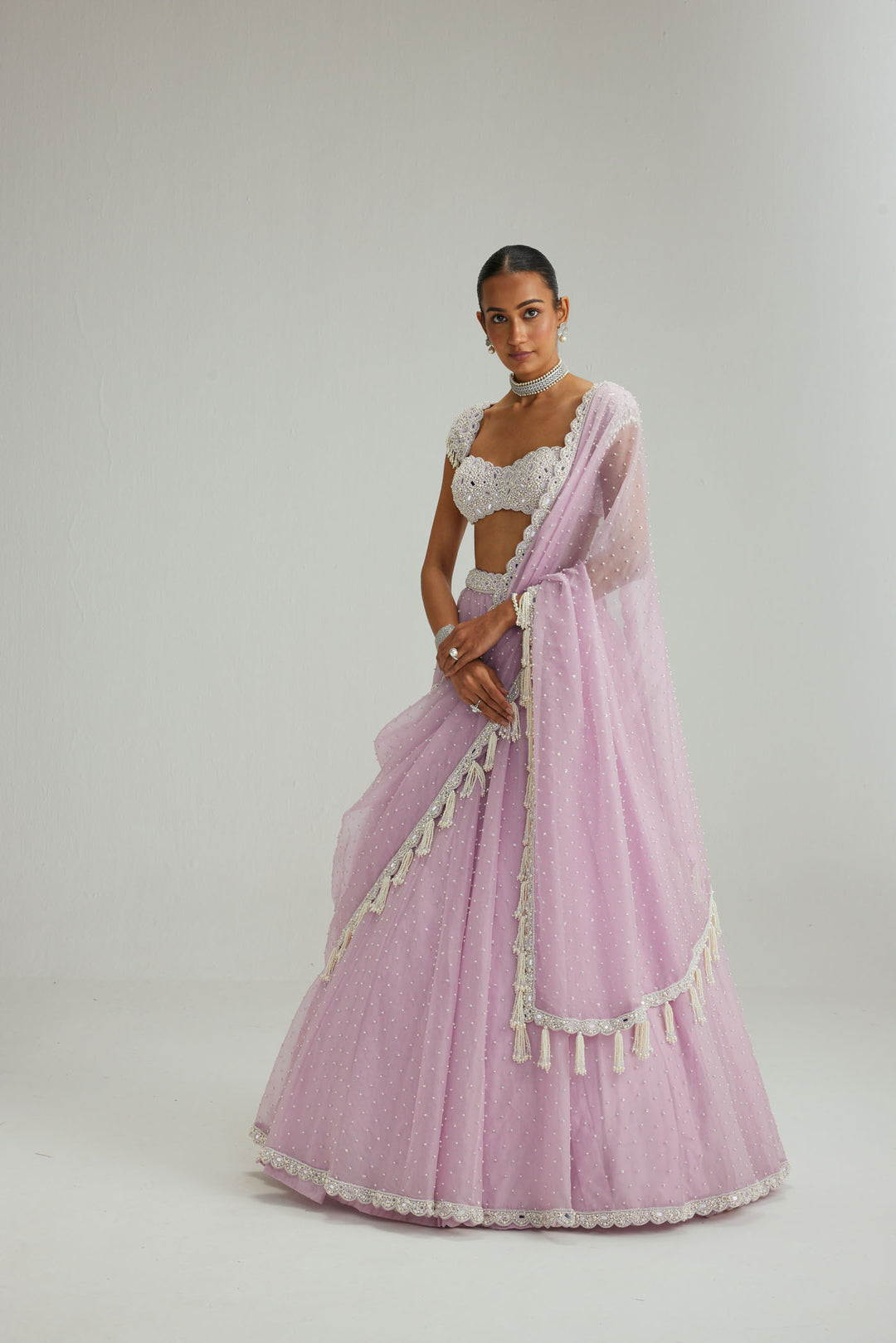 Lavender Mirror And Pearl Lehenga Set