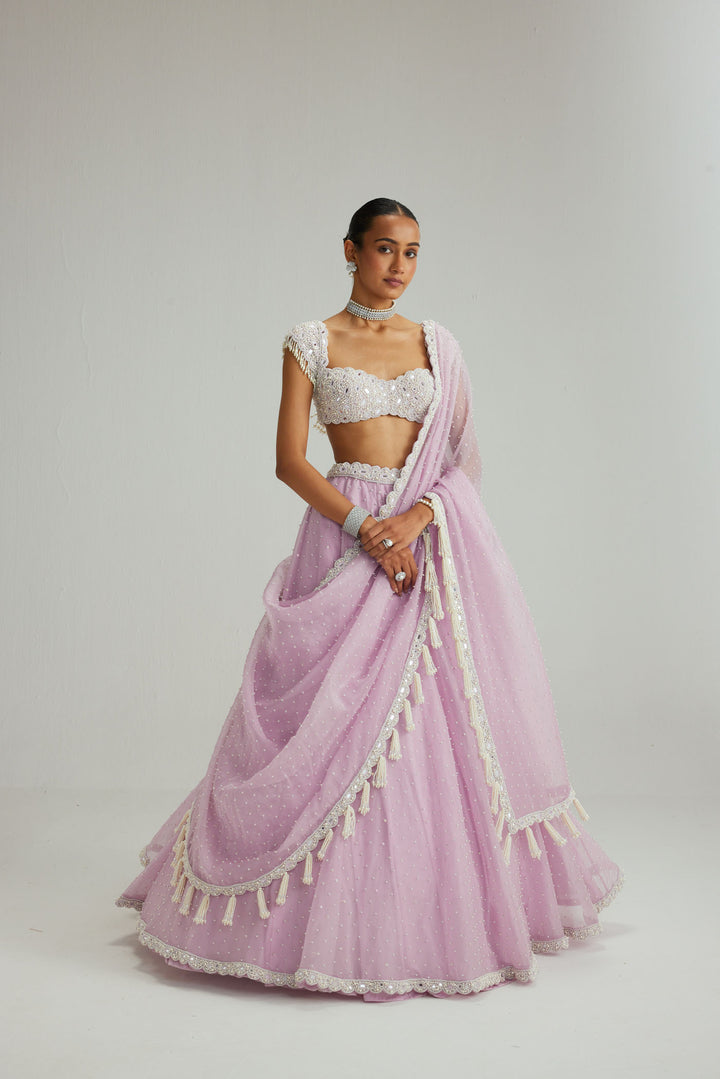 Lavender Mirror And Pearl Lehenga Set