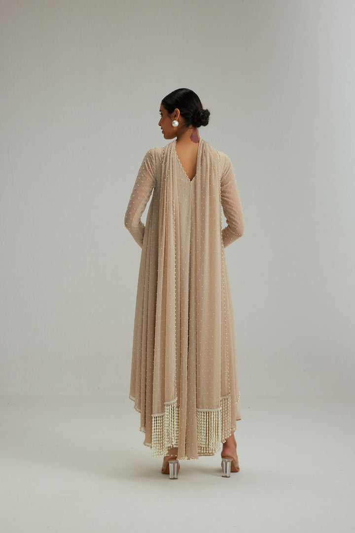 Light Beige Pearl Kurta With Stole Set