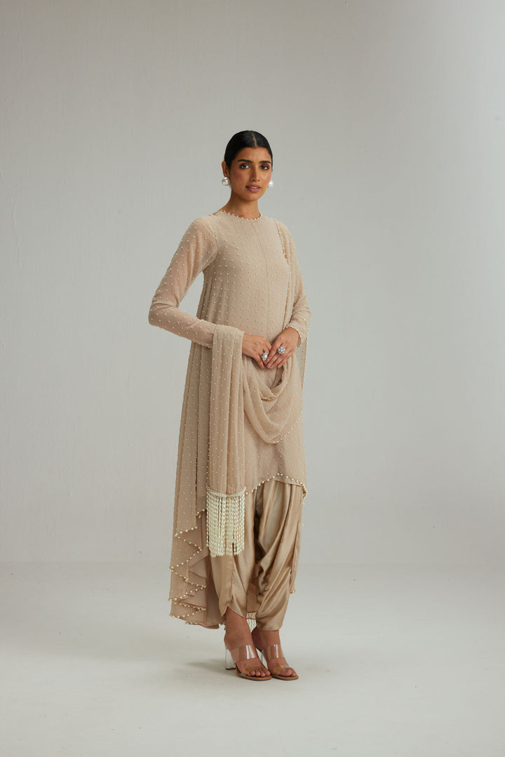 Light Beige Pearl Kurta With Stole Set