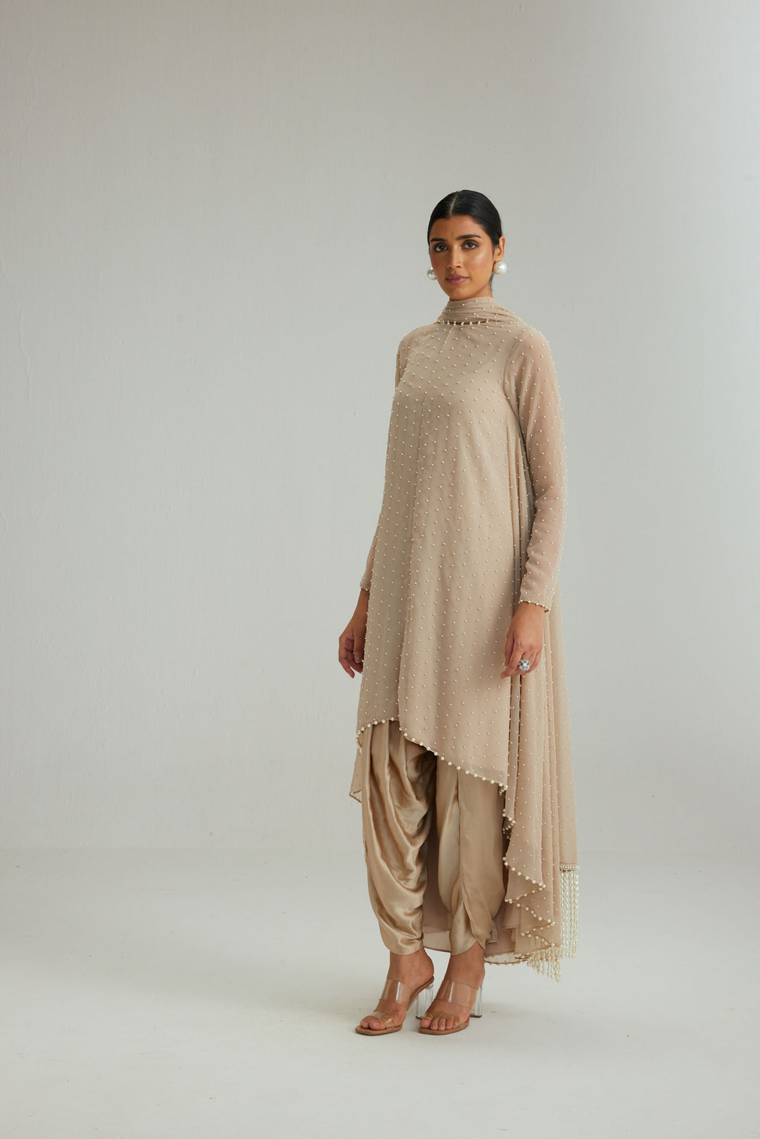 Light Beige Pearl Kurta With Stole Set