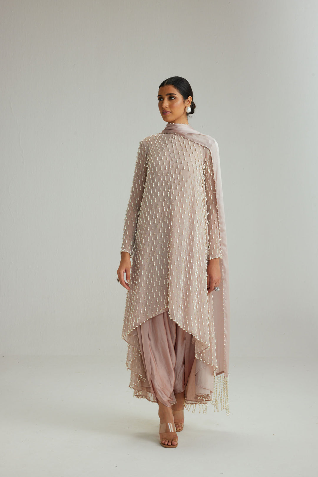 Ash Pink Pearl Drop Kurta Set With Dupatta