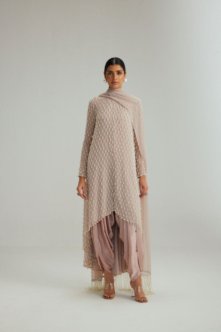 Ash Pink Pearl Drop Kurta Set With Dupatta