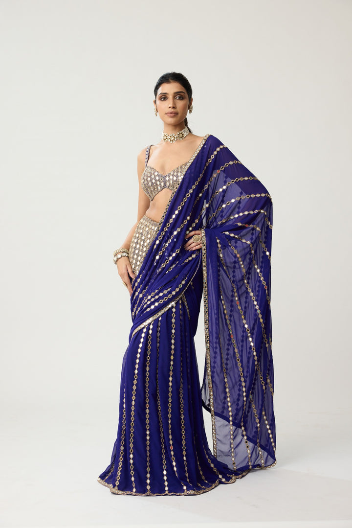 Persian Blue Fitted Linear Mirror Saree Set