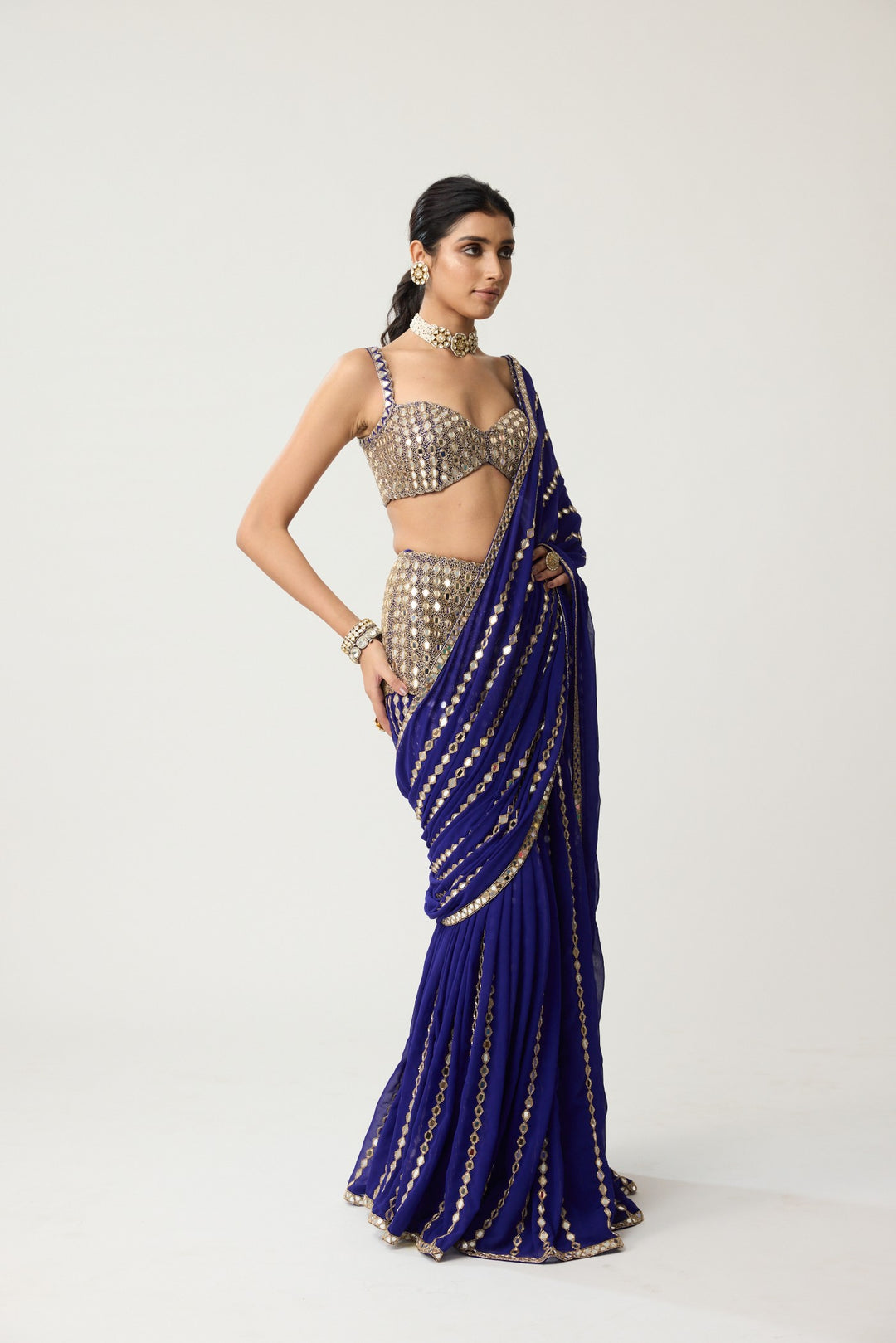 Persian Blue Fitted Linear Mirror Saree Set