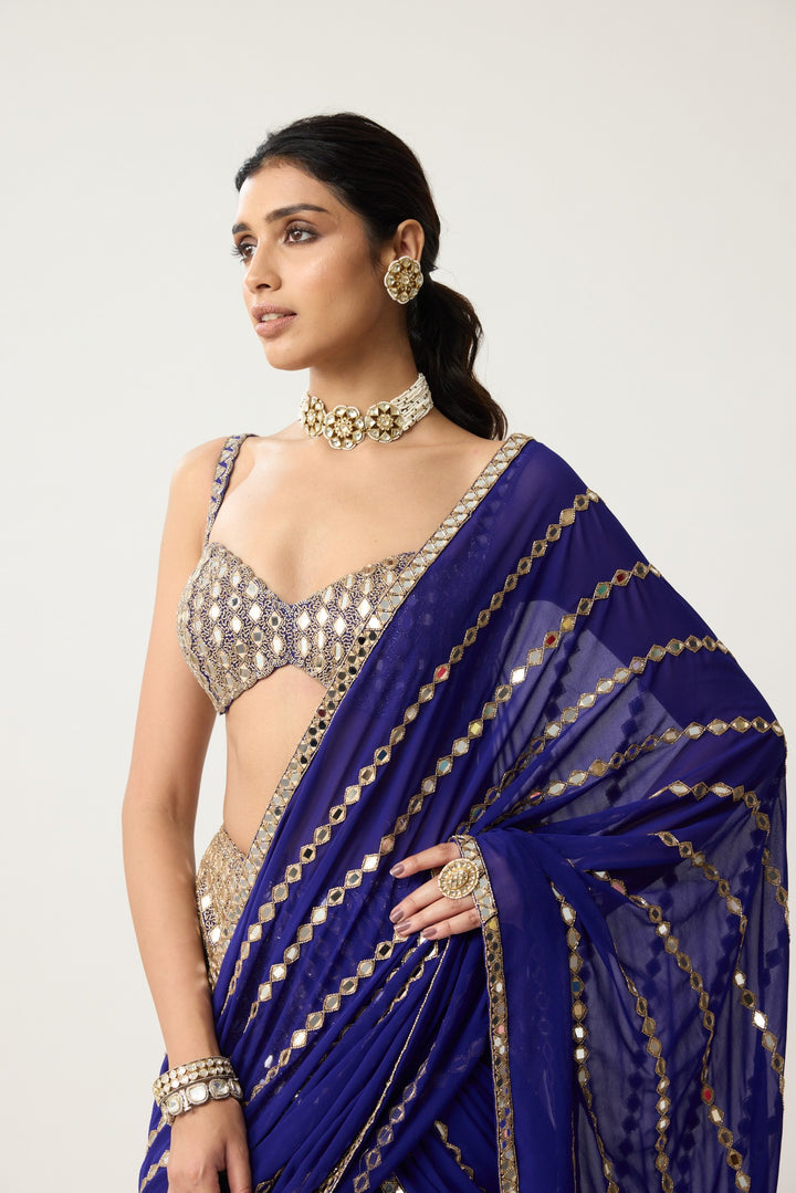 Persian Blue Fitted Linear Mirror Saree Set