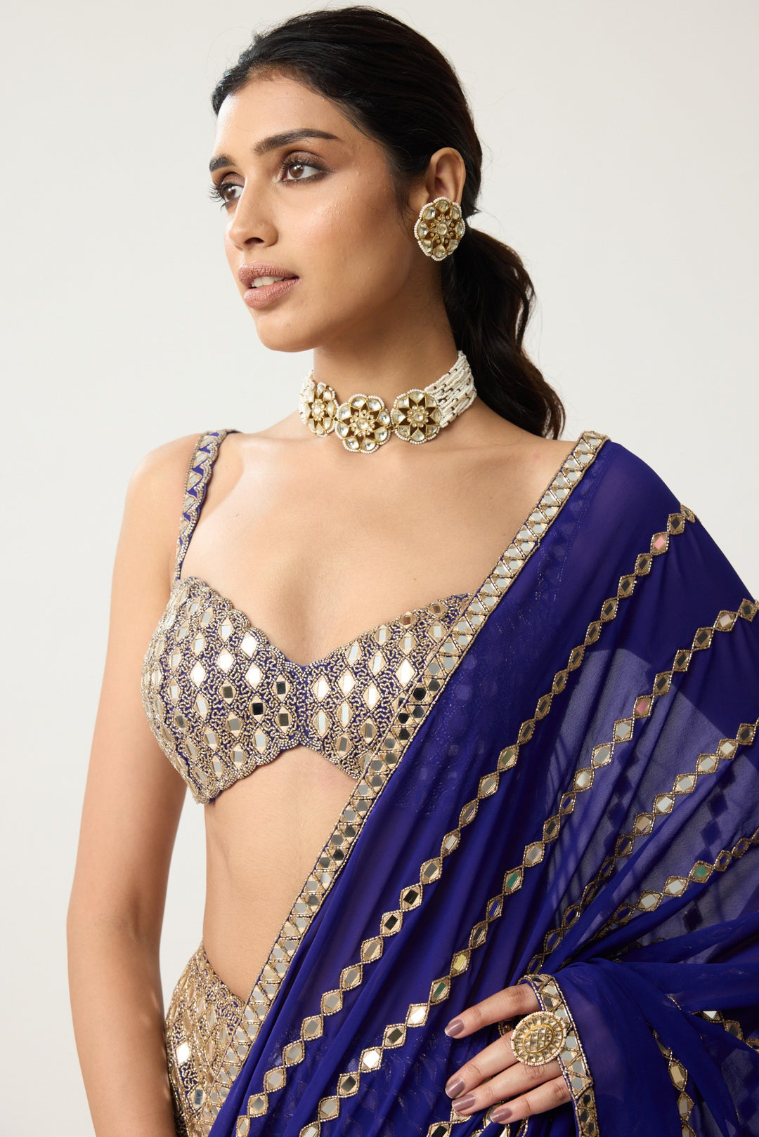 Persian Blue Fitted Linear Mirror Saree Set