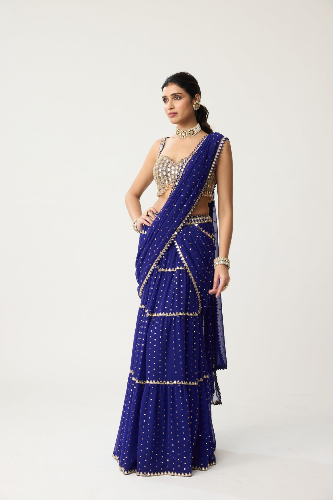 Persian Blue Multi-Tier Mirror Saree Set