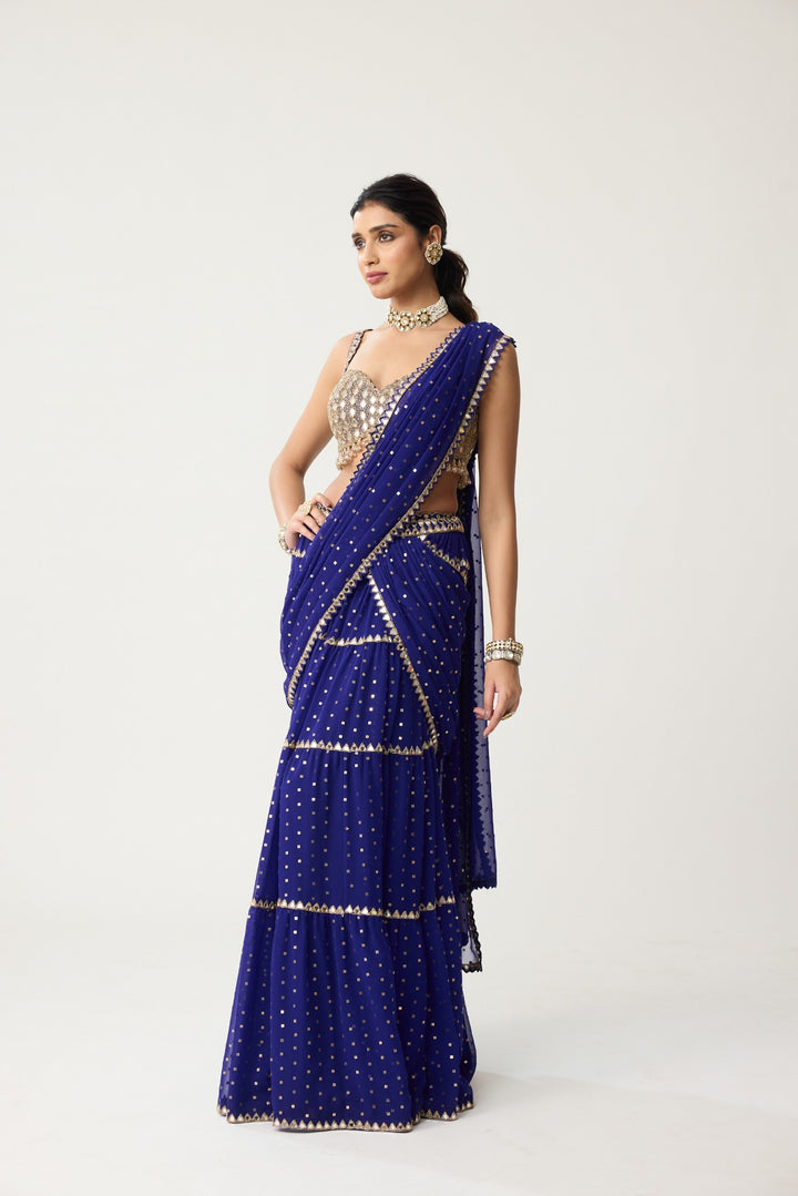 Persian Blue Multi-Tier Mirror Saree Set