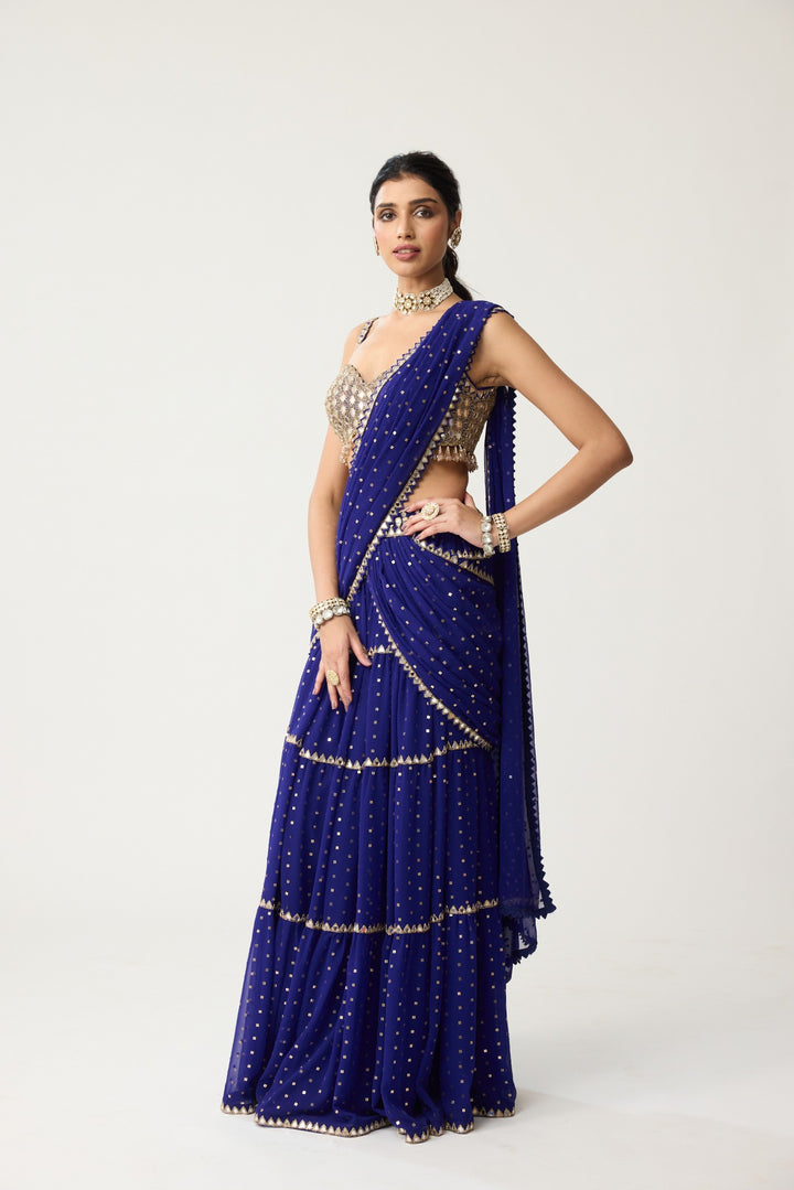 Persian Blue Multi-Tier Mirror Saree Set