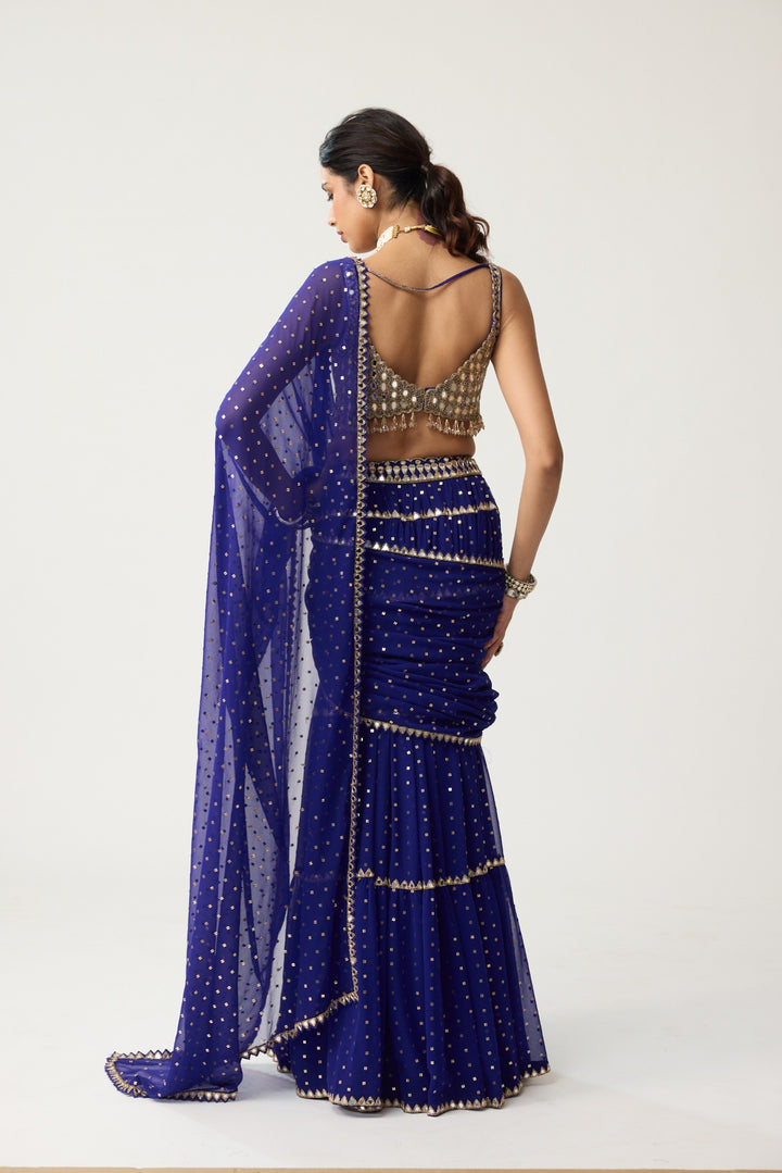 Persian Blue Multi-Tier Mirror Saree Set