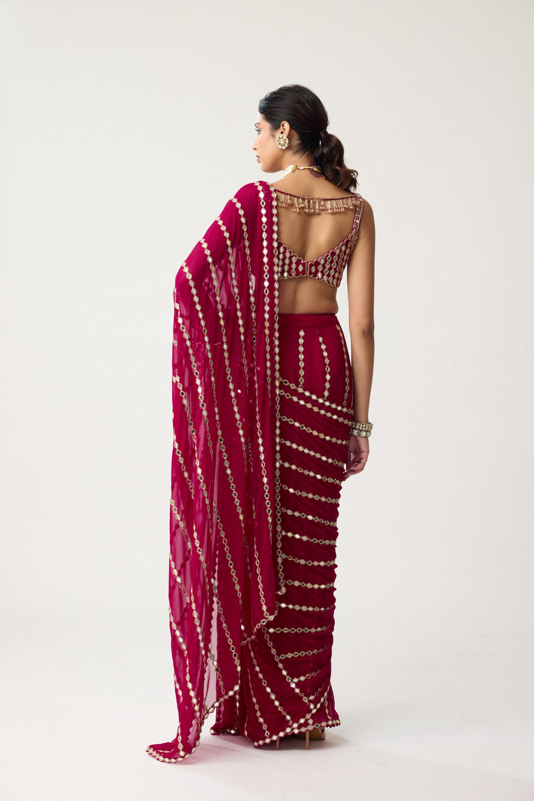 Ruby Red Linear Mirror Saree Set