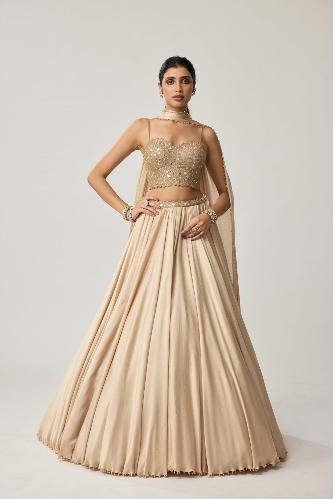 Light Beige Mirror Corset Satin Skirt Set