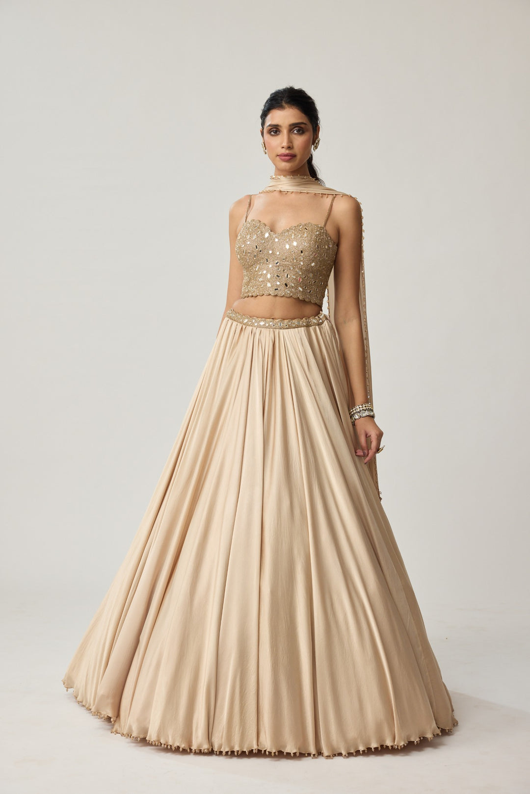 Light Beige Mirror Corset Satin Skirt Set