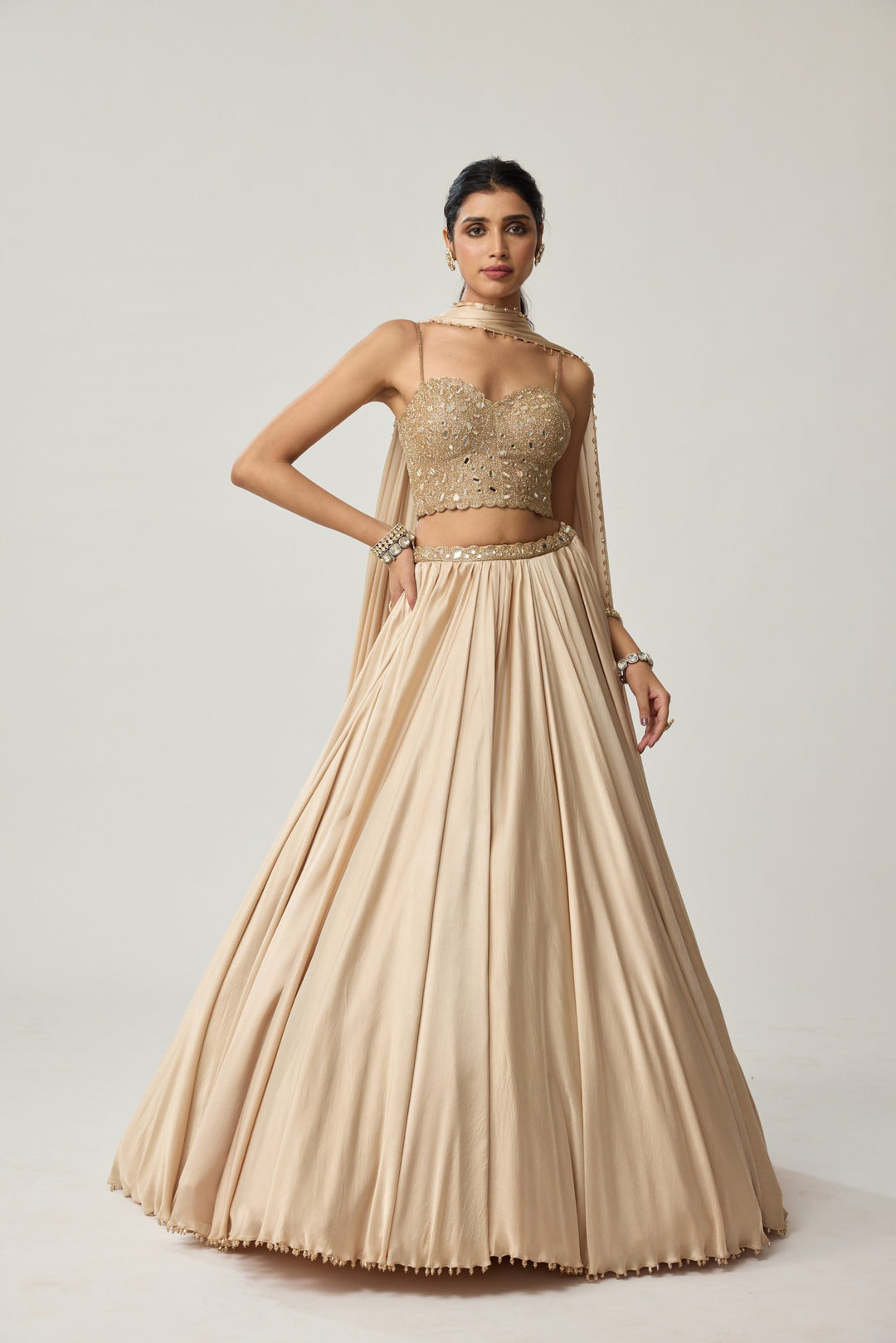 Light Beige Mirror Corset Satin Skirt Set