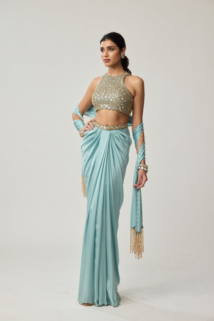 Powder Blue Mirror Satin Draped Skirt Set