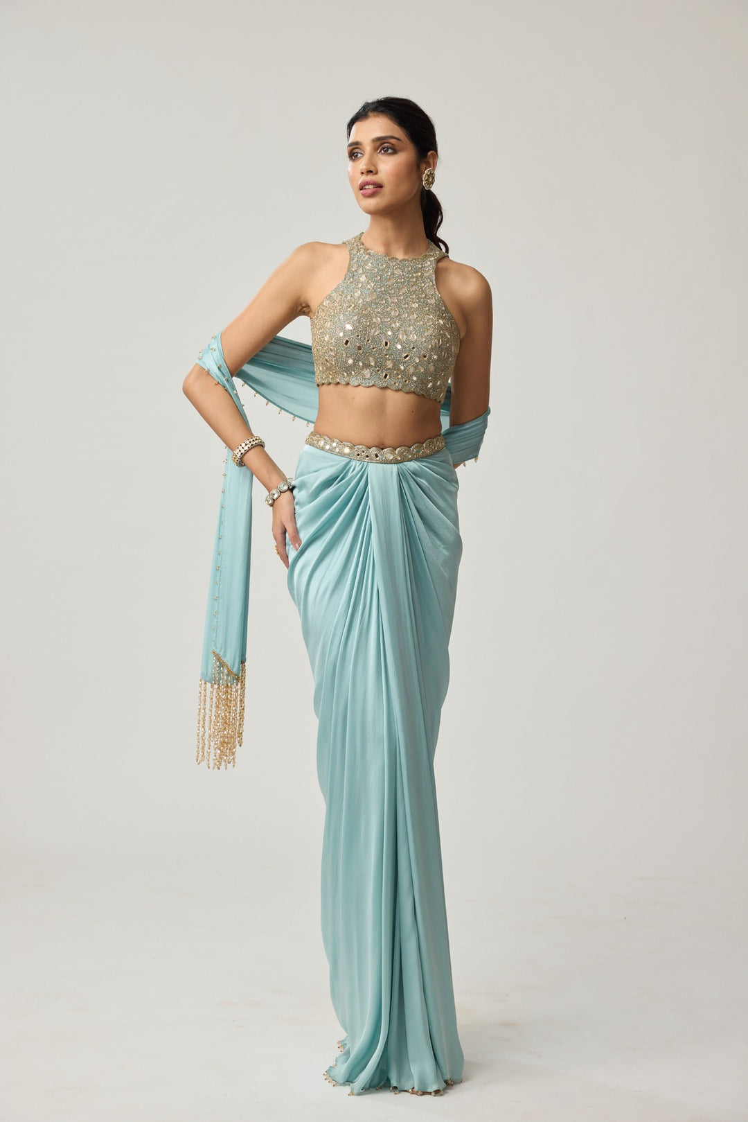 Powder Blue Mirror Satin Draped Skirt Set