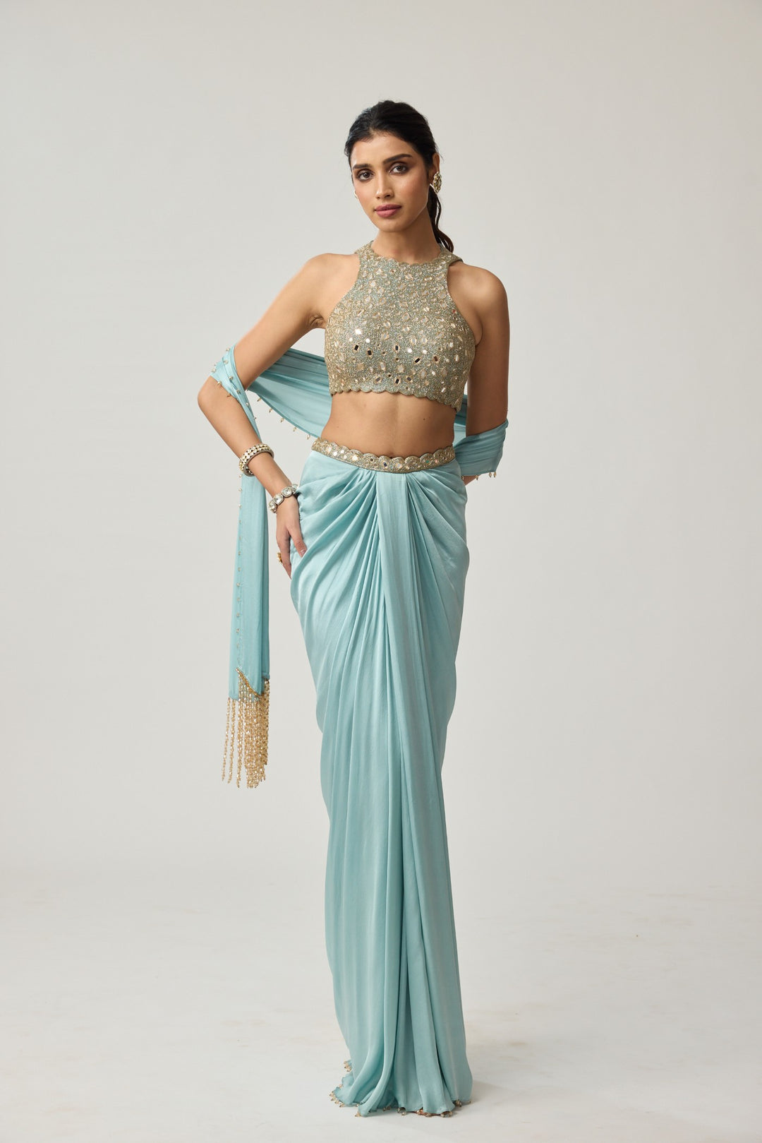 Powder Blue Mirror Satin Draped Skirt Set