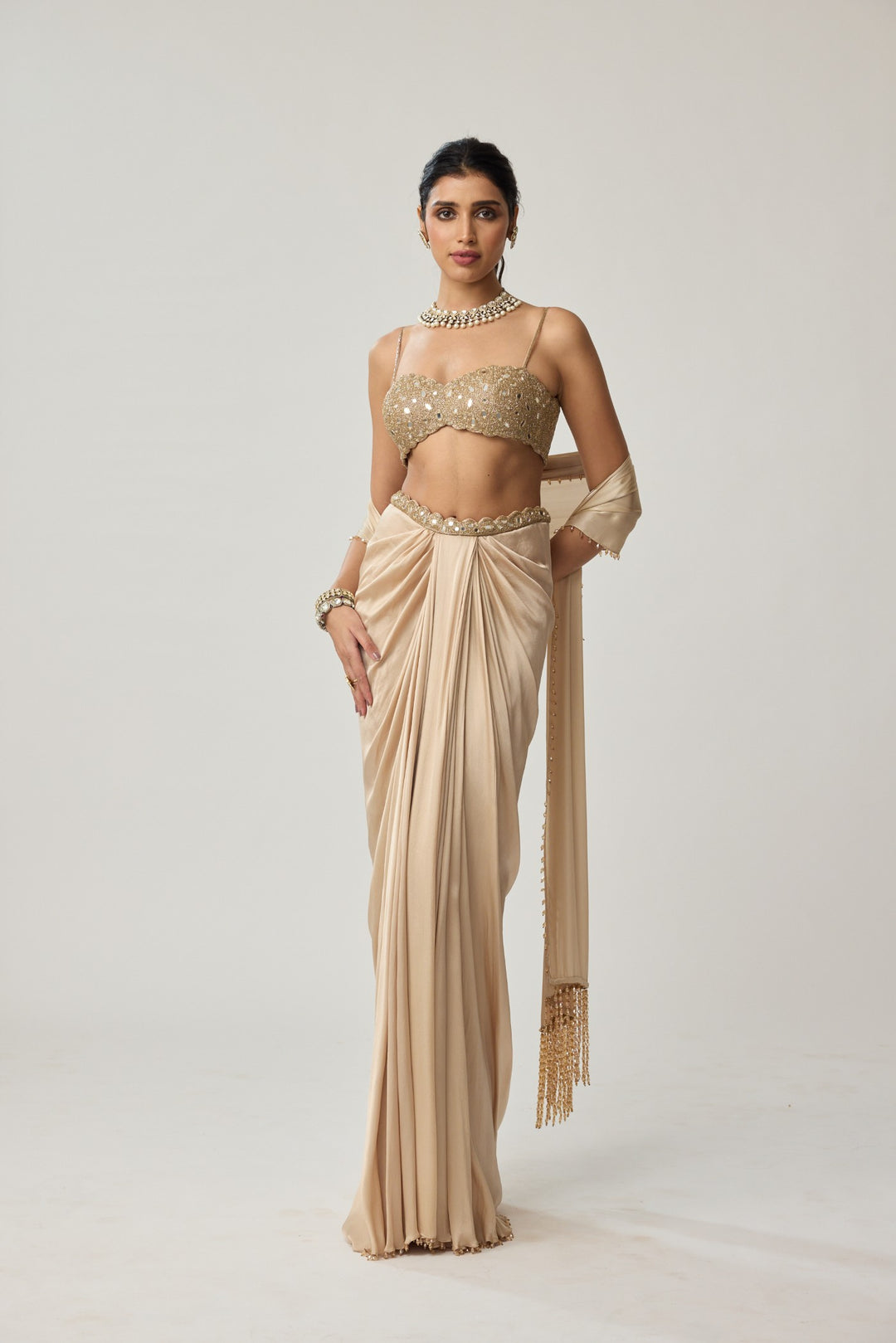 Light Beige Mirror Satin Draped Skirt Set