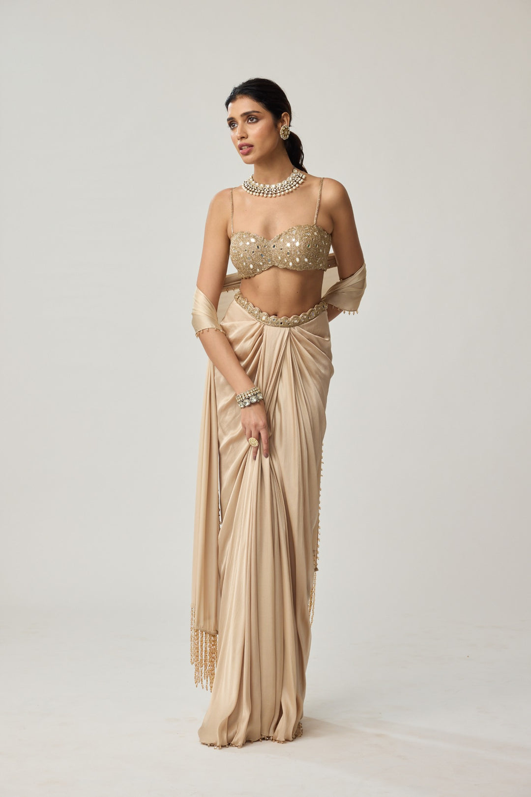 Light Beige Mirror Satin Draped Skirt Set