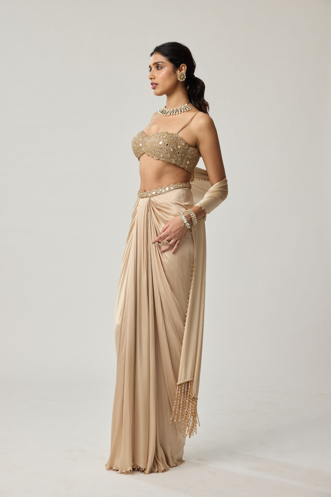 Light Beige Mirror Satin Draped Skirt Set
