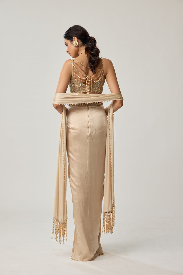 Light Beige Mirror Satin Draped Skirt Set